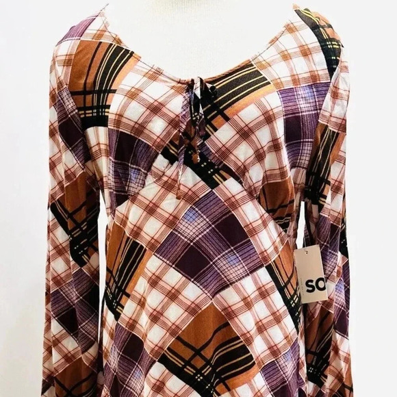 NWT SO GOODS FOR LIFE Junior Long Sleeve Pullover Plaid Brown V-Neck Dress Large - Picture 1 of 12